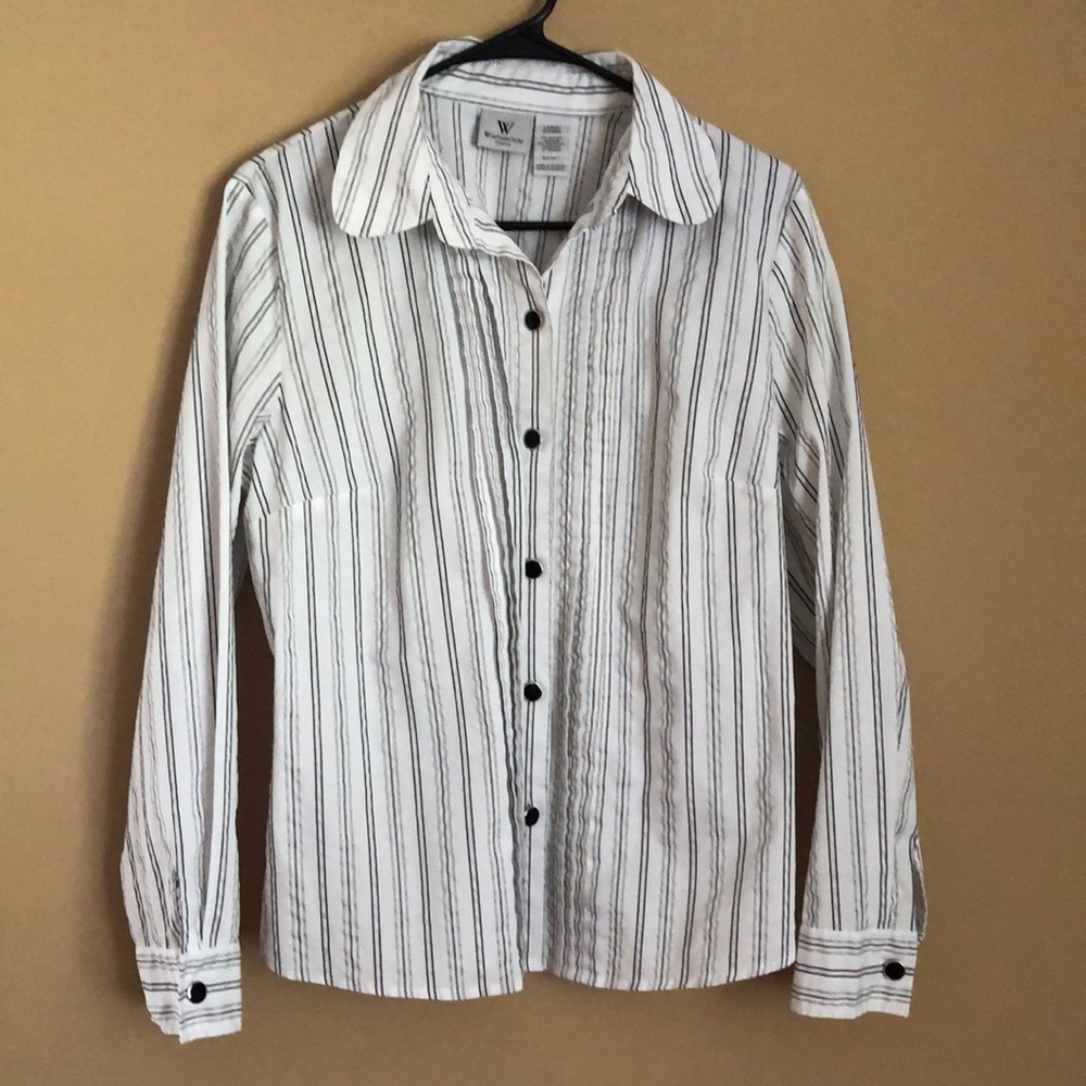 White with Black/Gray Stripes Button Down Shirt with solid black shiny buttons